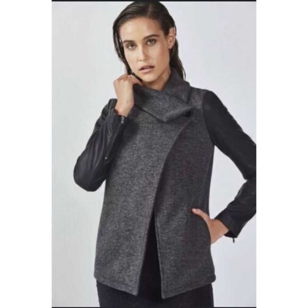 Women's Fabletics Milano Coat Jacket Heather Grey Faux Leather Sleeves SZ Large